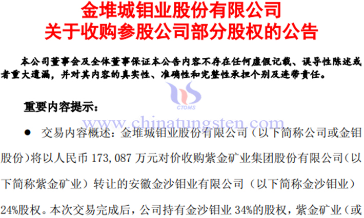 金鉬股份擬收購金沙鉬業(yè)24%股權公告圖片